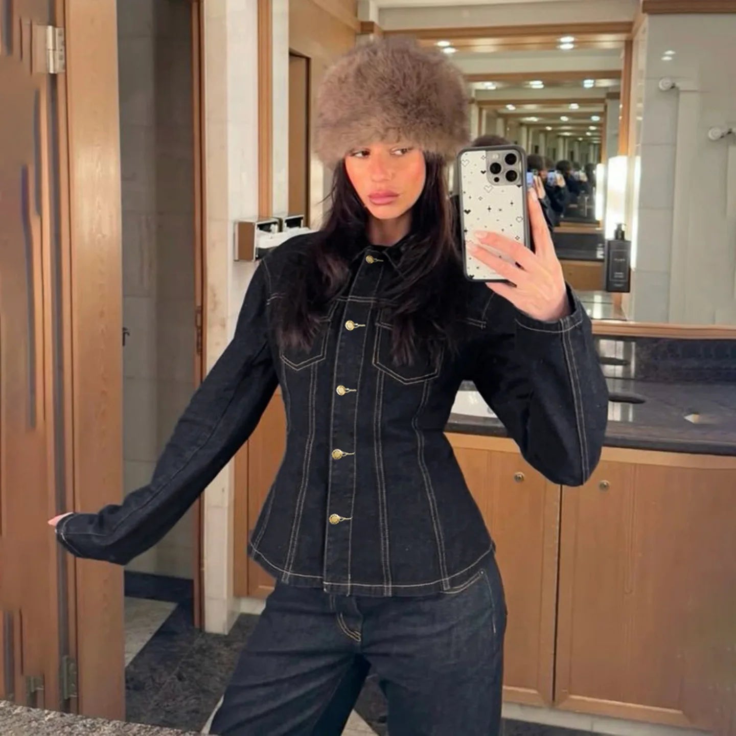 Denim Coat With Waist Cinching Casual Streetwear Style - SN Wigs & More