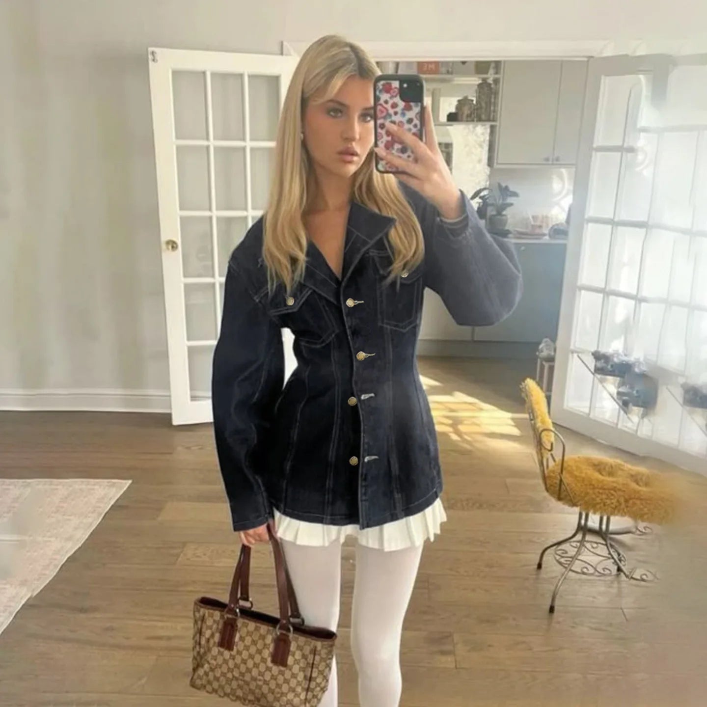 Denim Coat With Waist Cinching Casual Streetwear Style - SN Wigs & More