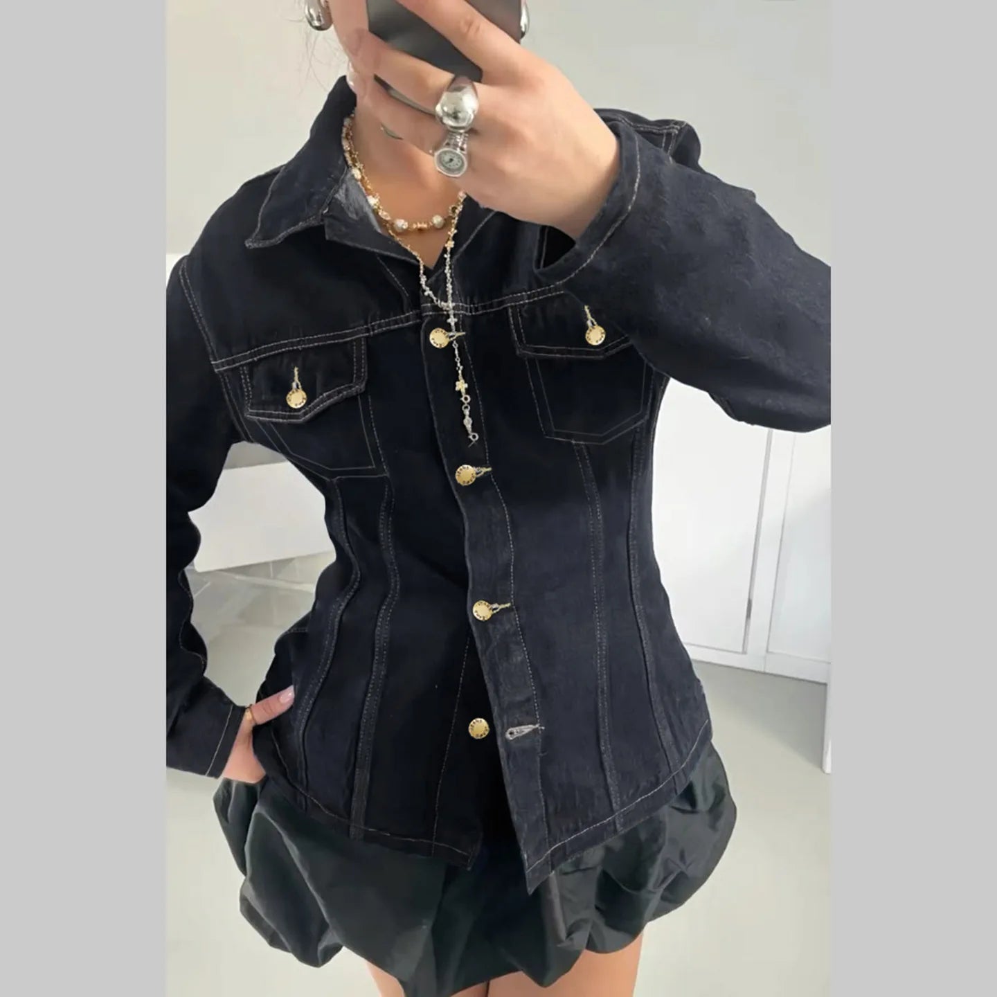 Denim Coat With Waist Cinching Casual Streetwear Style - SN Wigs & More