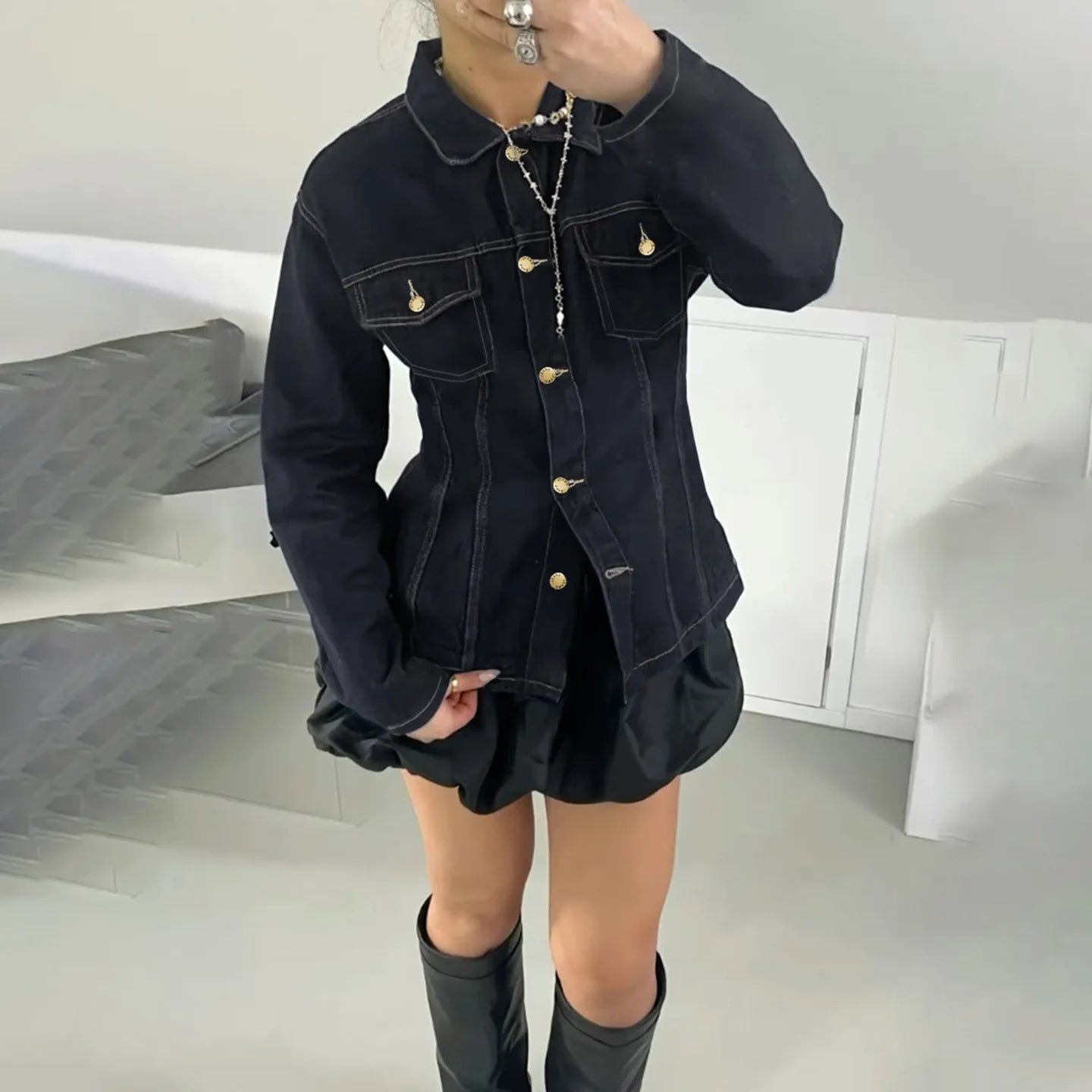 Denim Coat With Waist Cinching Casual Streetwear Style - SN Wigs & More