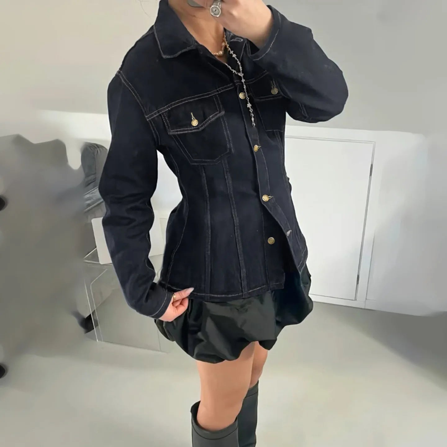 Denim Coat With Waist Cinching Casual Streetwear Style - SN Wigs & More