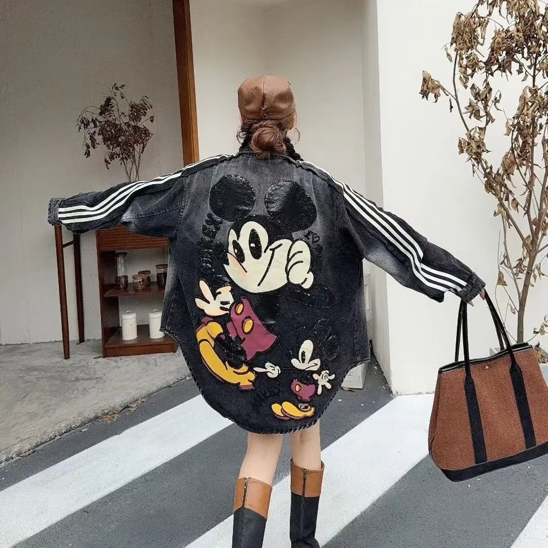 Denim Jacket With Heavy Sequin Embroidery And Loose Mid Length For Women - Casual Style - SN Wigs & More