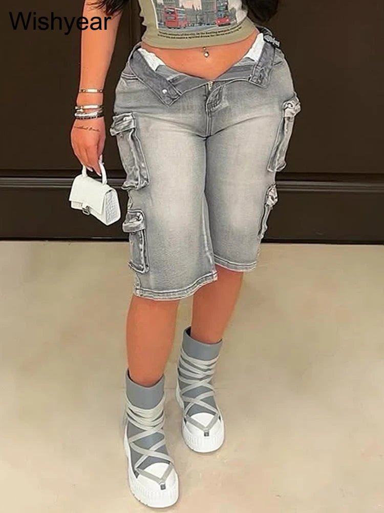 Denim Jeans With Washed Blue Wide Leg And Ultra Practical Multi Pocket Casual Streetwear - SN Wigs & More