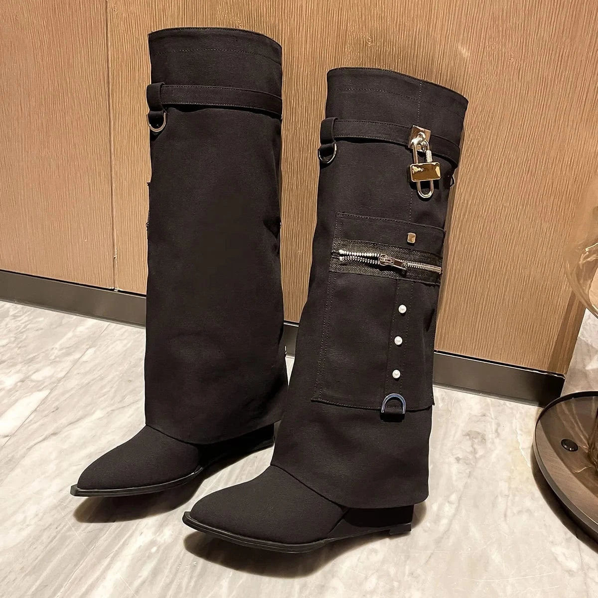 Denim Overlay Knee High Pockets Pants Boots Women Wedge Heels Shoes Folded Over Upper Pointed toe Metal Shark Lock Booties