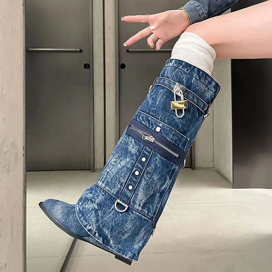 Denim Overlay Knee High Pockets Pants Boots Women Wedge Heels Shoes Folded Over Upper Pointed toe Metal Shark Lock Booties