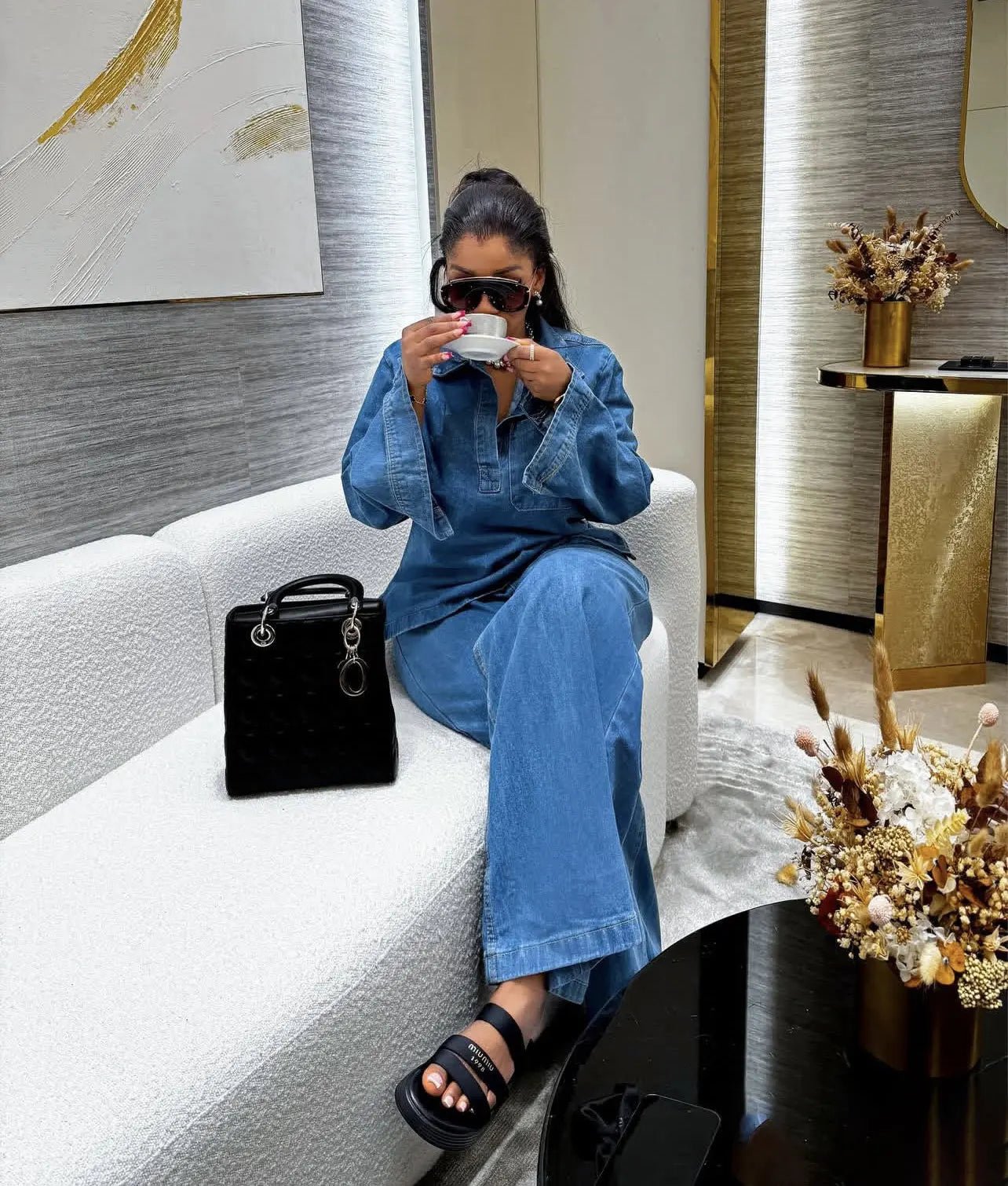 Denim Pant Set Two Piece Loose Shirt High Waist Wide Leg Comfortable Fit Casual Streetwear - SN Wigs & More