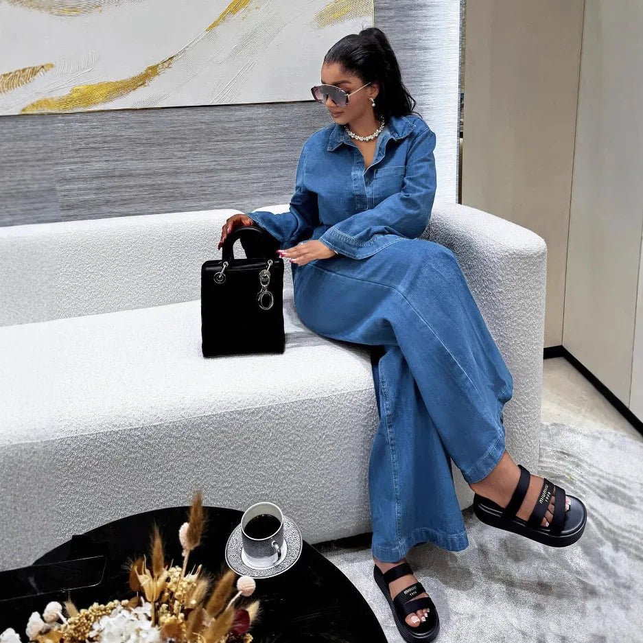 Denim Pant Set Two Piece Loose Shirt High Waist Wide Leg Comfortable Fit Casual Streetwear - SN Wigs & More