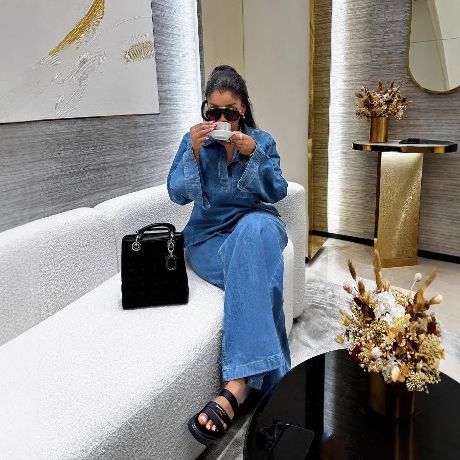Denim Pant Set Two Piece Loose Shirt High Waist Wide Leg Comfortable Fit Casual Streetwear - SN Wigs & More