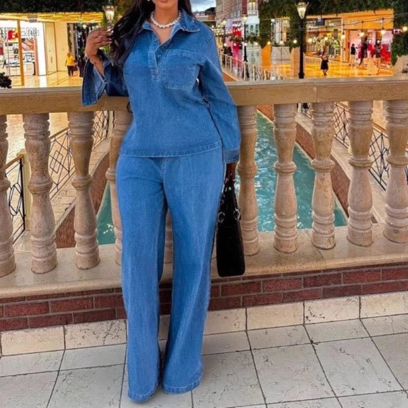 Denim Pant Set Two Piece Loose Shirt High Waist Wide Leg Comfortable Fit Casual Streetwear - SN Wigs & More