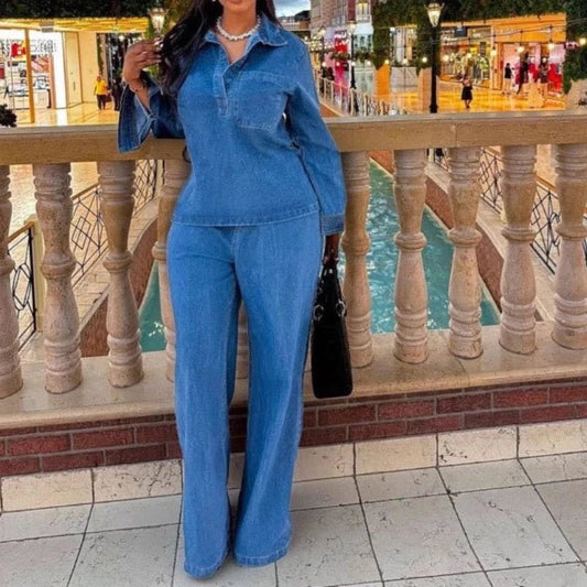 Denim Pant Set Two Piece Loose Shirt High Waist Wide Leg Comfortable Fit Casual Streetwear - SN Wigs & More