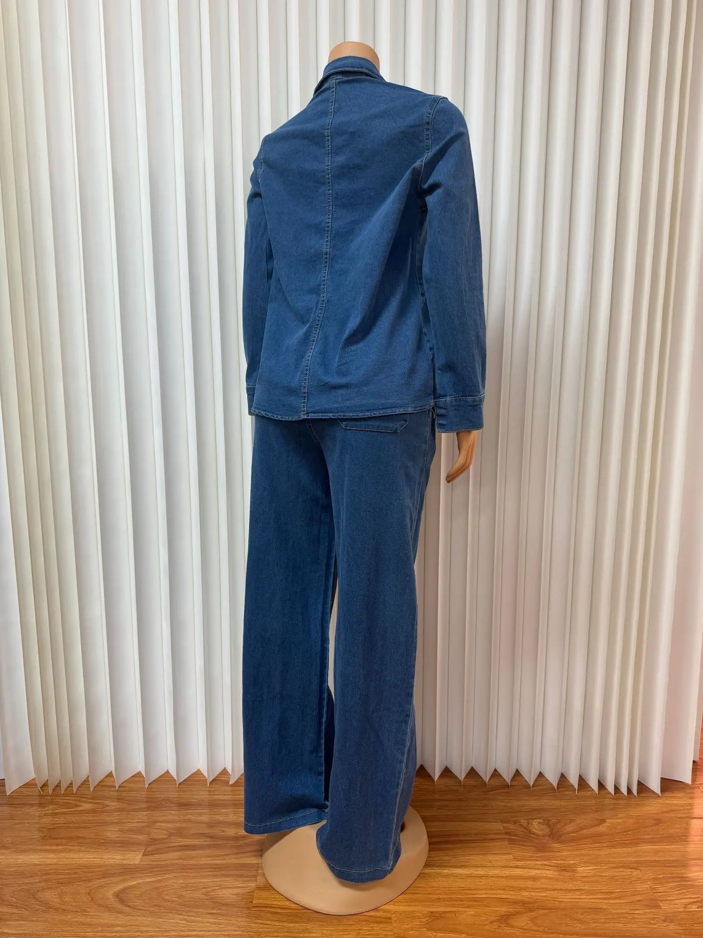 Denim Pant Set Two Piece Loose Shirt High Waist Wide Leg Comfortable Fit Casual Streetwear - SN Wigs & More