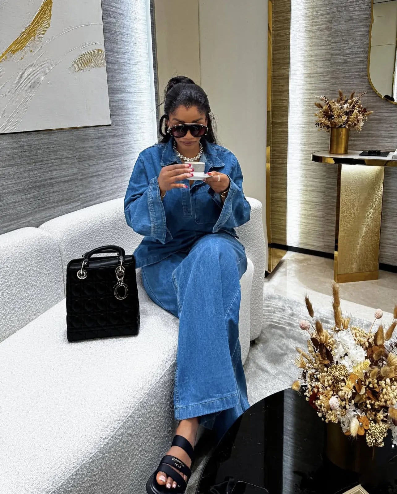 Denim Pant Set Two Piece Loose Shirt High Waist Wide Leg Comfortable Fit Casual Streetwear - SN Wigs & More