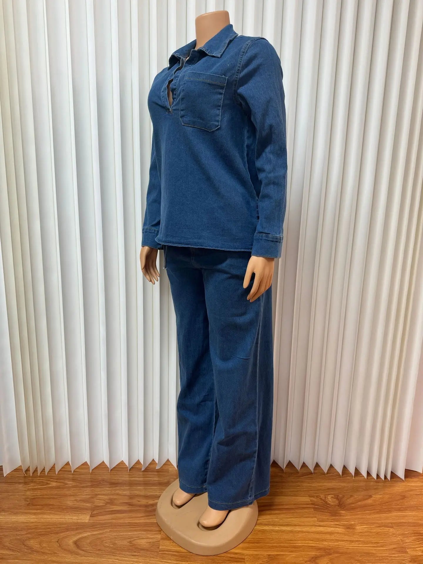 Denim Pant Set Two Piece Loose Shirt High Waist Wide Leg Comfortable Fit Casual Streetwear - SN Wigs & More