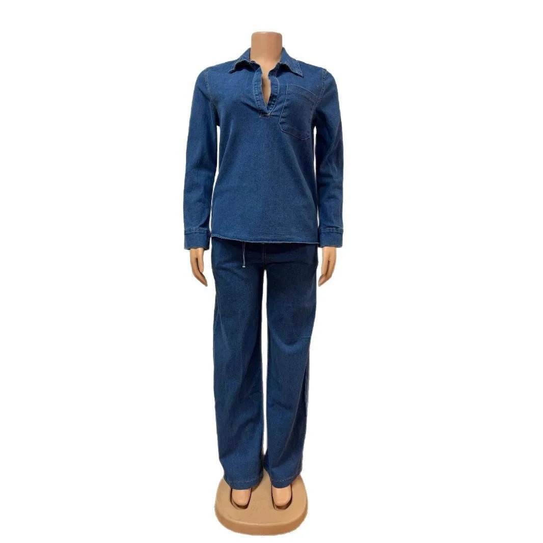 Denim Pant Set Two Piece Loose Shirt High Waist Wide Leg Comfortable Fit Casual Streetwear - SN Wigs & More