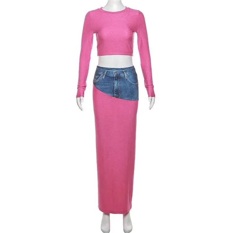 Denim Print High Waist 2 Two Piece Skirt Set Party Outfits For Women 2024 Spring Long Sleeve Bodycon Skirt Sets