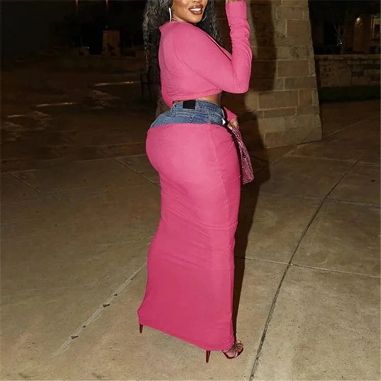 Denim Print High Waist 2 Two Piece Skirt Set Party Outfits For Women 2024 Spring Long Sleeve Bodycon Skirt Sets