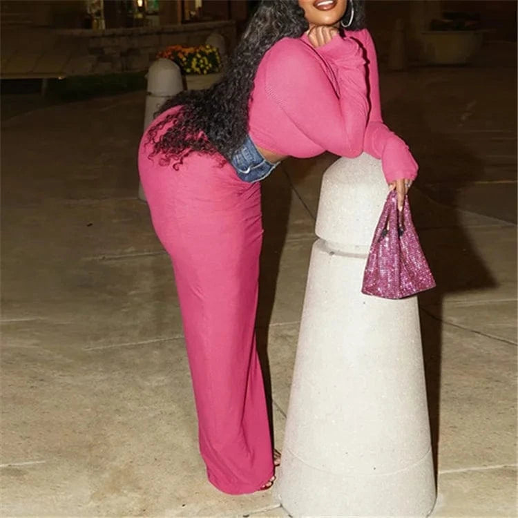 Denim Print High Waist 2 Two Piece Skirt Set Party Outfits For Women 2024 Spring Long Sleeve Bodycon Skirt Sets