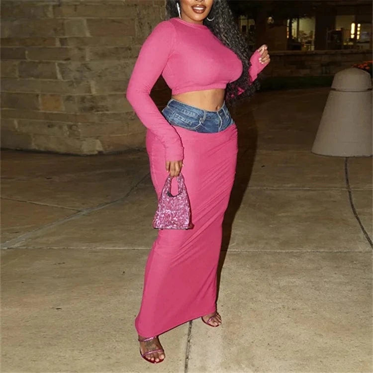 Denim Print High Waist 2 Two Piece Skirt Set Party Outfits For Women 2024 Spring Long Sleeve Bodycon Skirt Sets