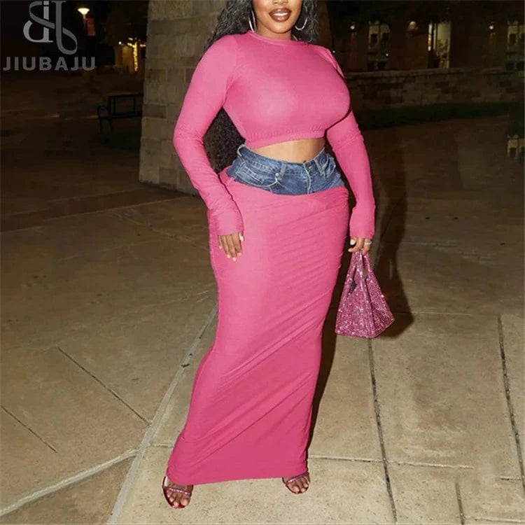 Denim Print High Waist 2 Two Piece Skirt Set Party Outfits For Women 2024 Spring Long Sleeve Bodycon Skirt Sets