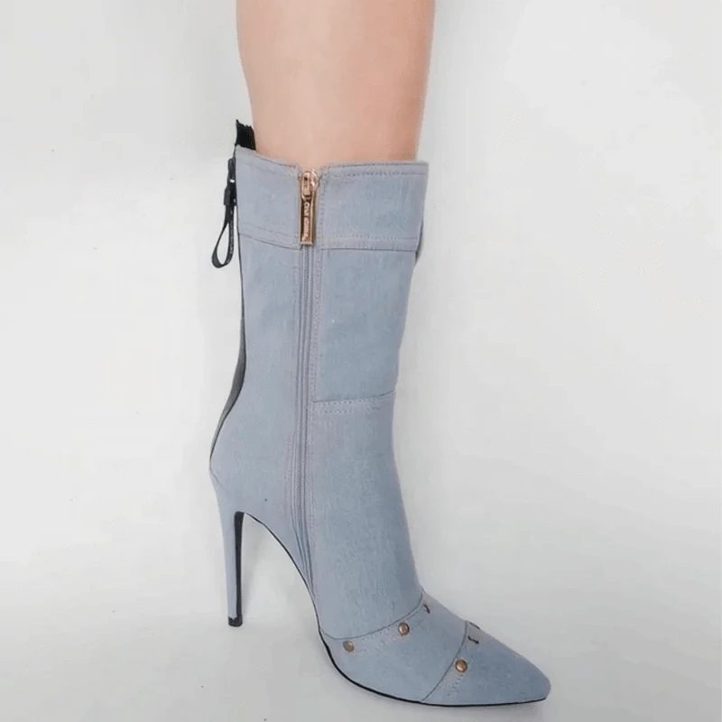 Denim Sewing Short Boots Thin High Heels Pointed Toe Metal Rivets Ankle Booties Women's Black Zipper Jeans Shoes
