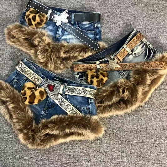 Denim Shorts + Spliced Patchwork Details With Contrast Stitching + Vintage Hip Hop Streetwear For Women - SN Wigs & More