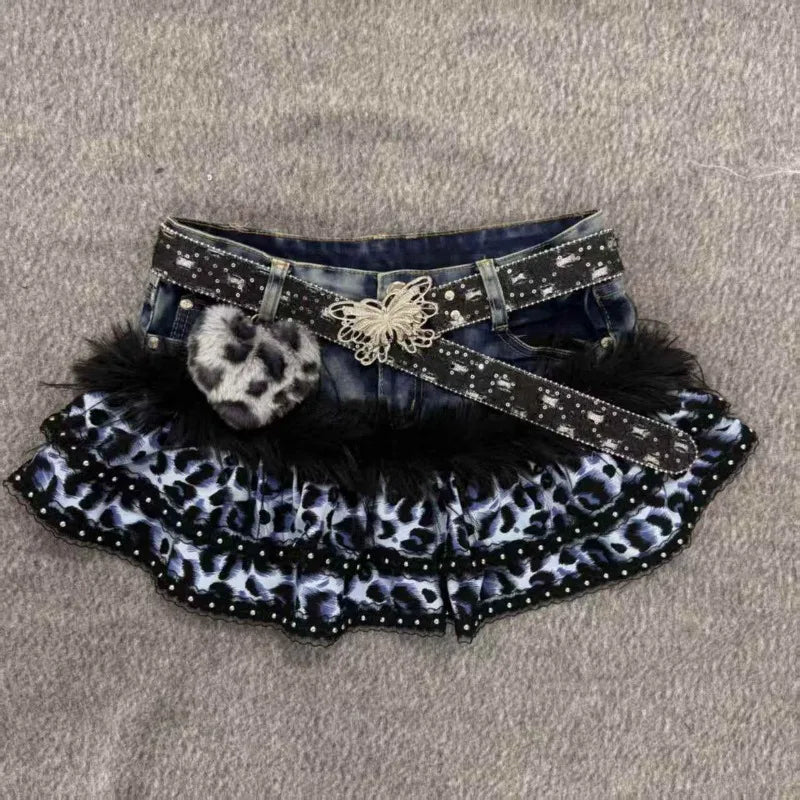 Denim Shorts With Dark Panther Print – Y2K Punk Retro Style - SN Wigs & More