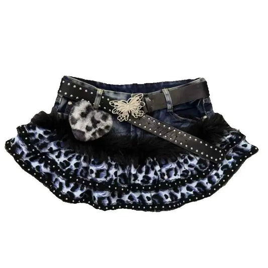 Denim Shorts With Dark Panther Print – Y2K Punk Retro Style - SN Wigs & More