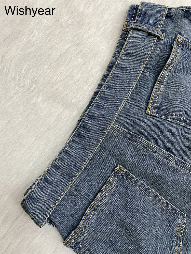 Denim Shorts With Irregular Hem And Belt Mid Rise Slim Fit Pocket Detail Y2K Streetwear - SN Wigs & More