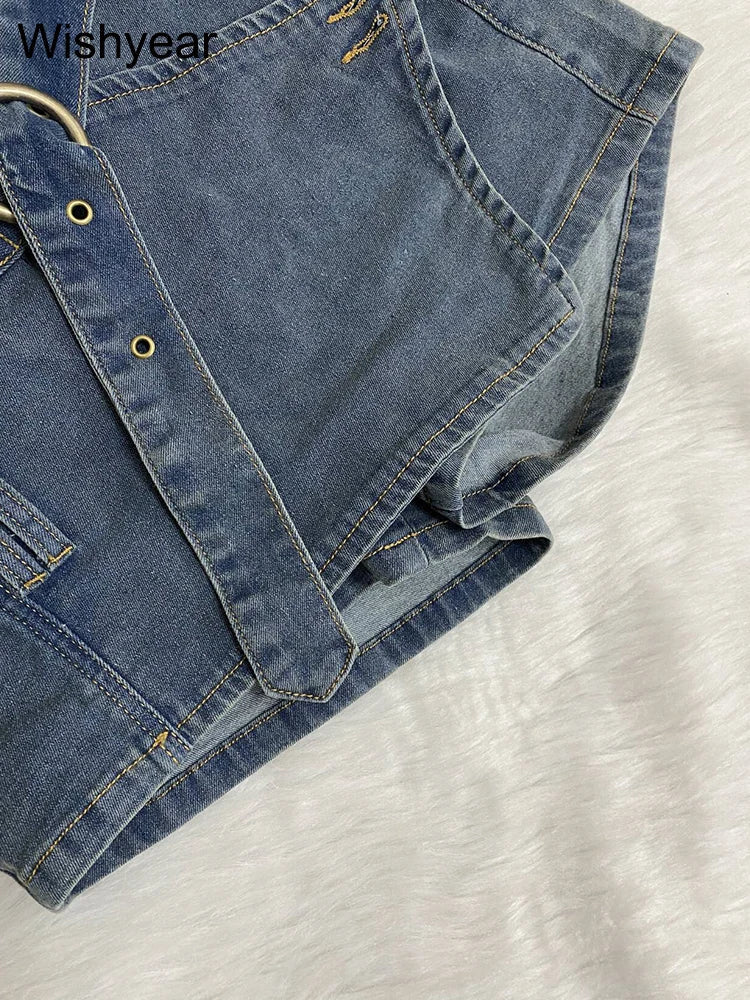 Denim Shorts With Irregular Hem And Belt Mid Rise Slim Fit Pocket Detail Y2K Streetwear - SN Wigs & More