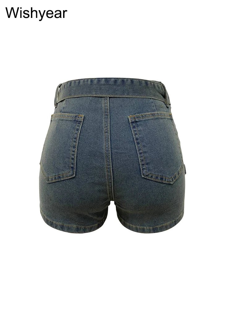 Denim Shorts With Irregular Hem And Belt Mid Rise Slim Fit Pocket Detail Y2K Streetwear - SN Wigs & More