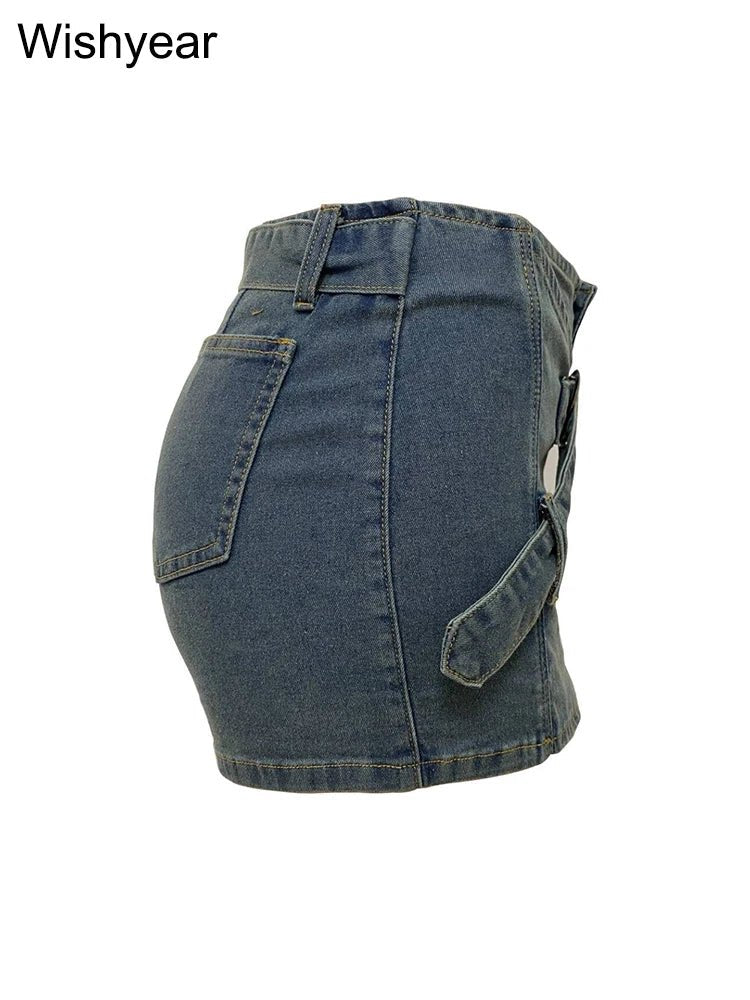 Denim Shorts With Irregular Hem And Belt Mid Rise Slim Fit Pocket Detail Y2K Streetwear - SN Wigs & More