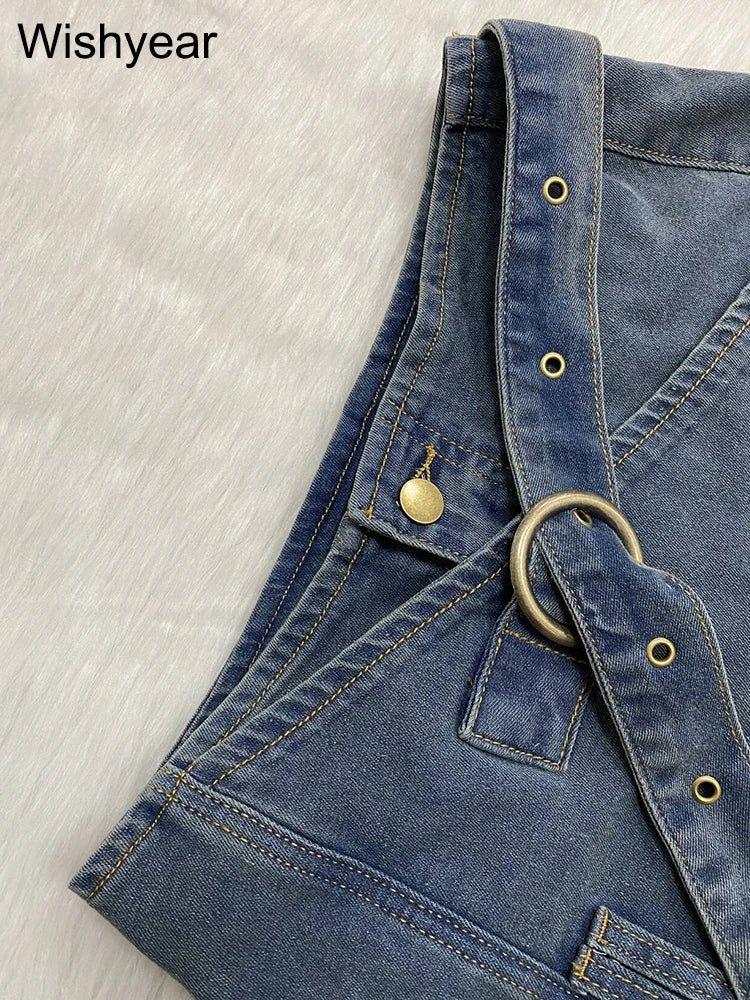 Denim Shorts With Irregular Hem And Belt Mid Rise Slim Fit Pocket Detail Y2K Streetwear - SN Wigs & More