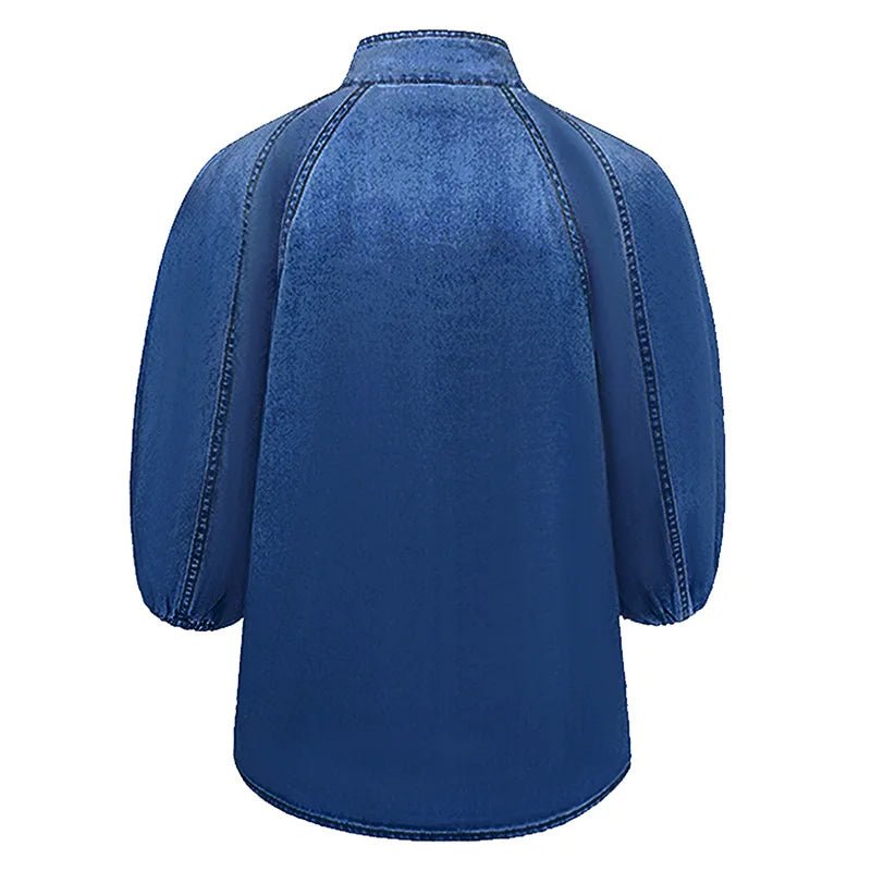 Denim Top With Turtleneck And Splice Puff Sleeves For Casual Streetwear In Autumn - SN Wigs & More