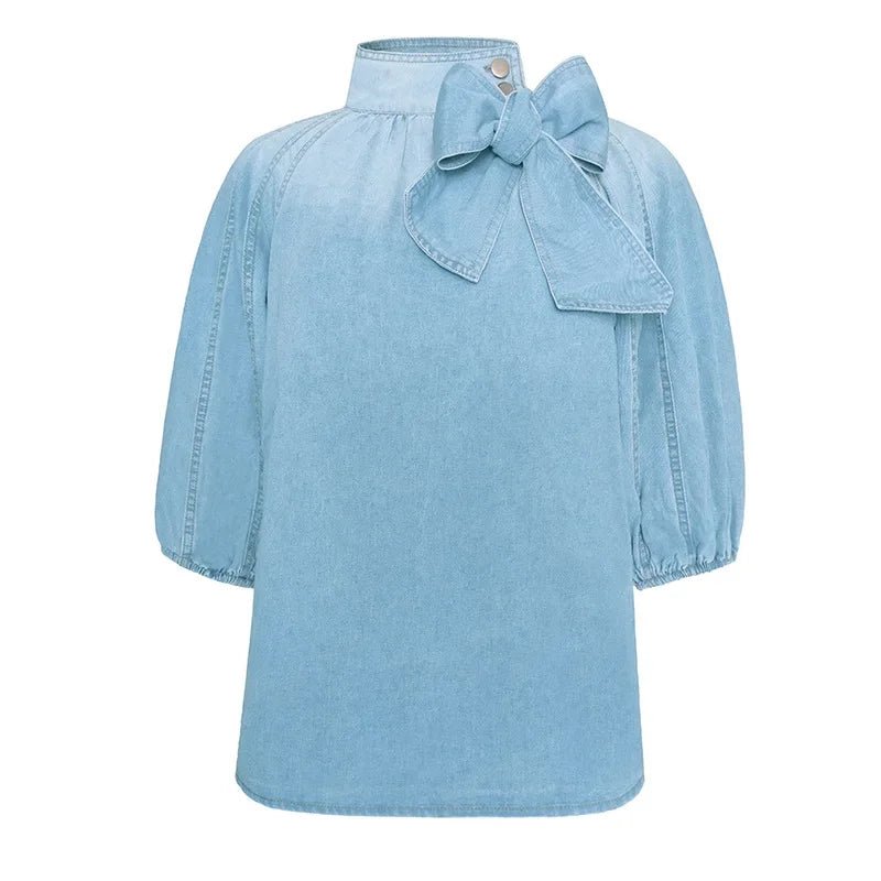 Denim Top With Turtleneck And Splice Puff Sleeves For Casual Streetwear In Autumn - SN Wigs & More