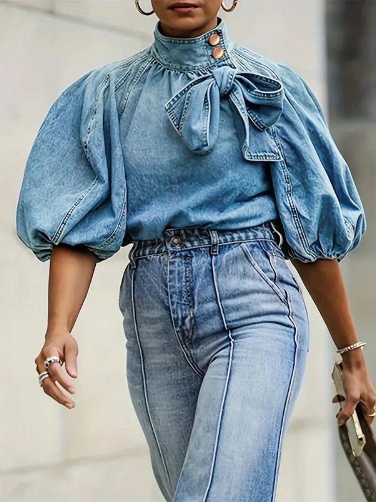 Denim Top With Turtleneck And Splice Puff Sleeves For Casual Streetwear In Autumn - SN Wigs & More