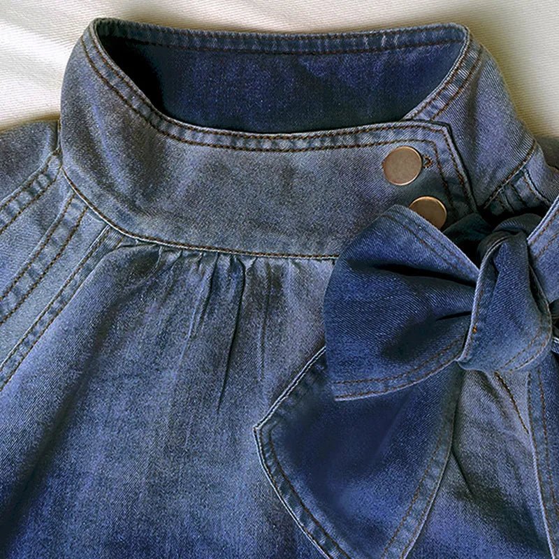 Denim Top With Turtleneck And Splice Puff Sleeves For Casual Streetwear In Autumn - SN Wigs & More