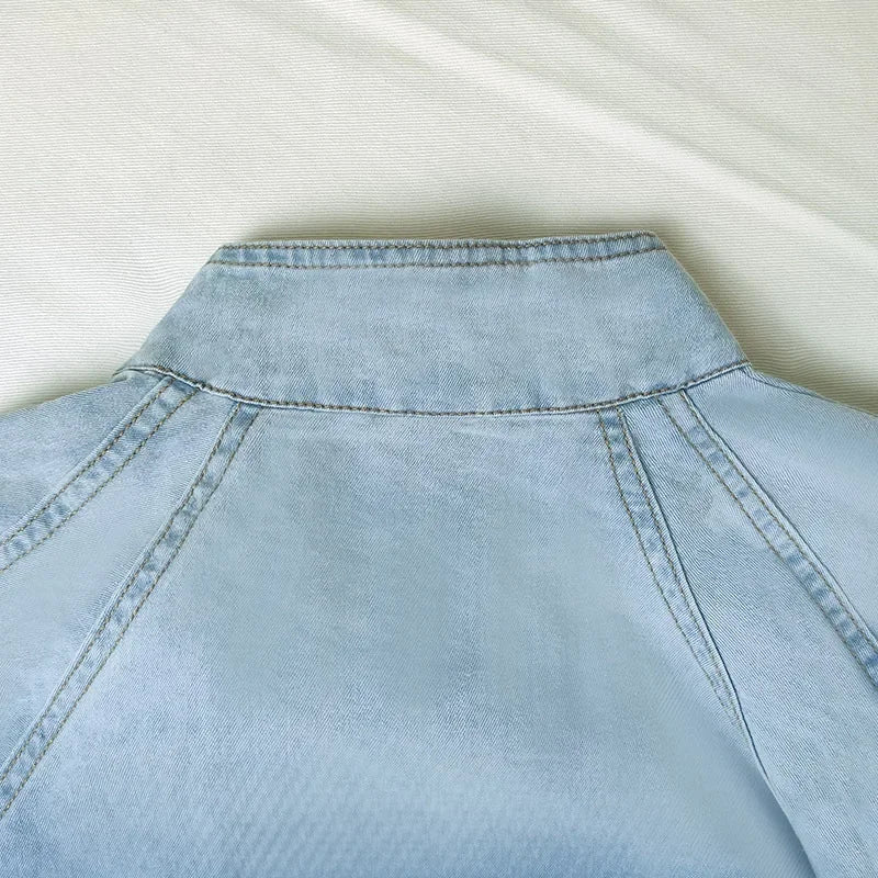 Denim Top With Turtleneck And Splice Puff Sleeves For Casual Streetwear In Autumn - SN Wigs & More