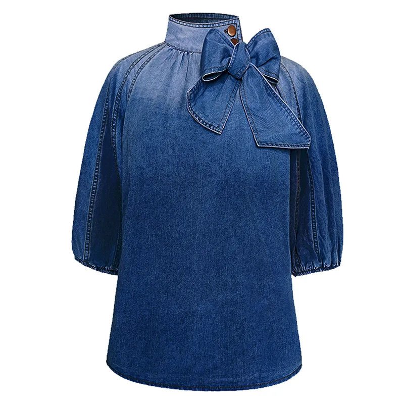 Denim Top With Turtleneck And Splice Puff Sleeves For Casual Streetwear In Autumn - SN Wigs & More
