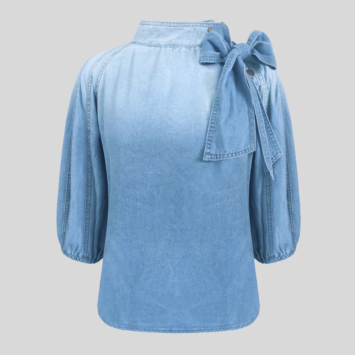 Denim Top With Turtleneck And Splice Puff Sleeves For Casual Streetwear In Autumn - SN Wigs & More