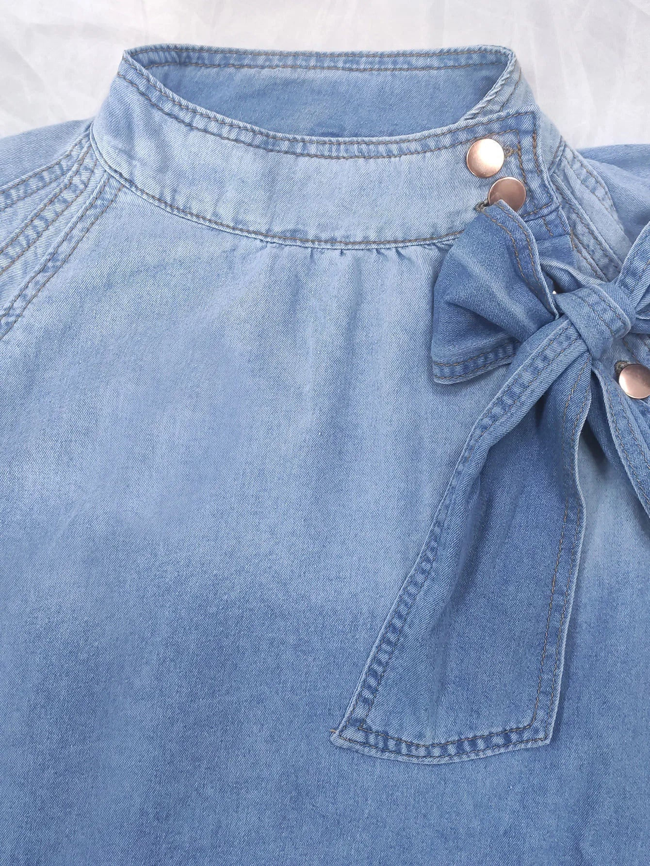 Denim Top With Turtleneck And Splice Puff Sleeves For Casual Streetwear In Autumn - SN Wigs & More