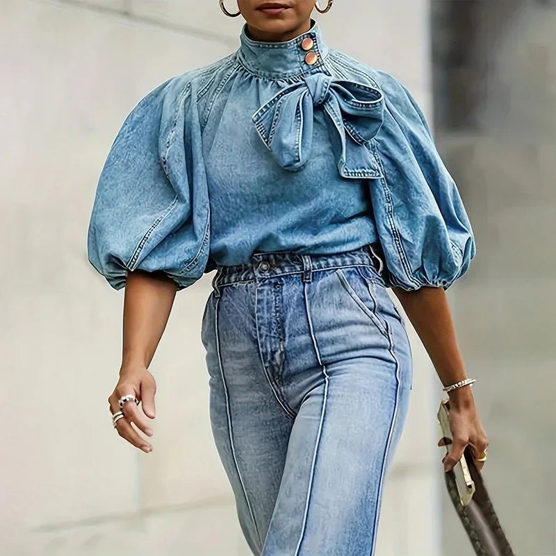 Denim Top With Turtleneck And Splice Puff Sleeves For Casual Streetwear In Autumn - SN Wigs & More