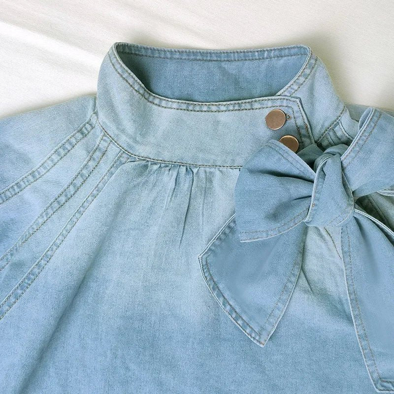 Denim Top With Turtleneck And Splice Puff Sleeves For Casual Streetwear In Autumn - SN Wigs & More