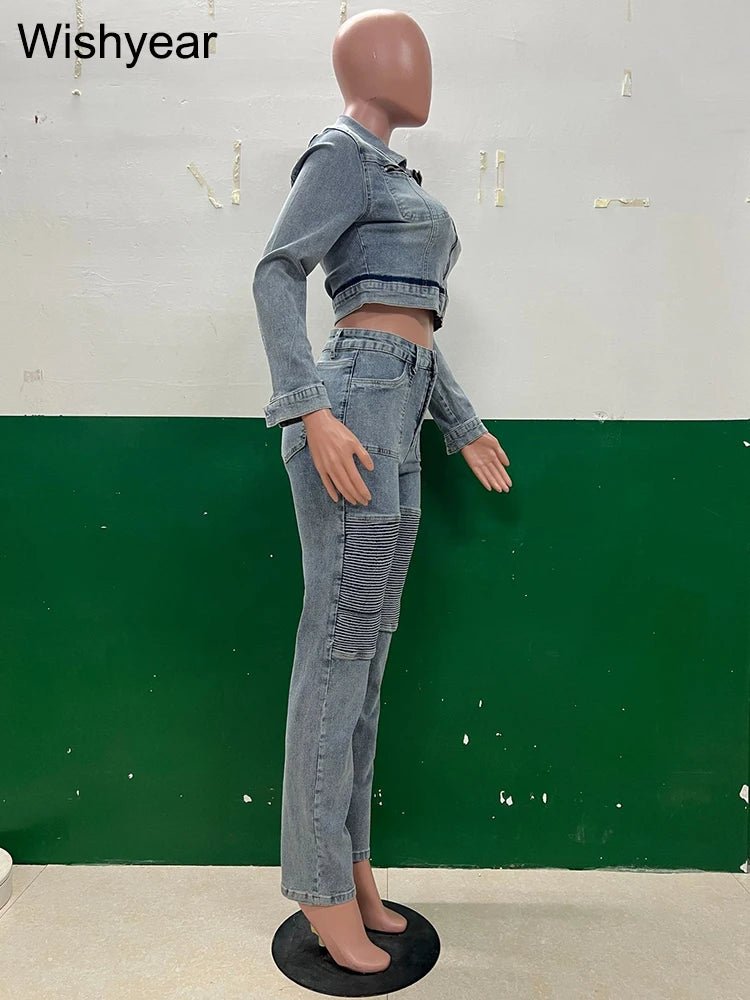 Denim Two - Piece Set + Patchwork Ruched Crop Top With Pockets + Casual Style - SN Wigs & More