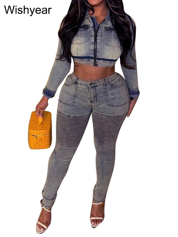 Denim Two - Piece Set + Patchwork Ruched Crop Top With Pockets + Casual Style - SN Wigs & More