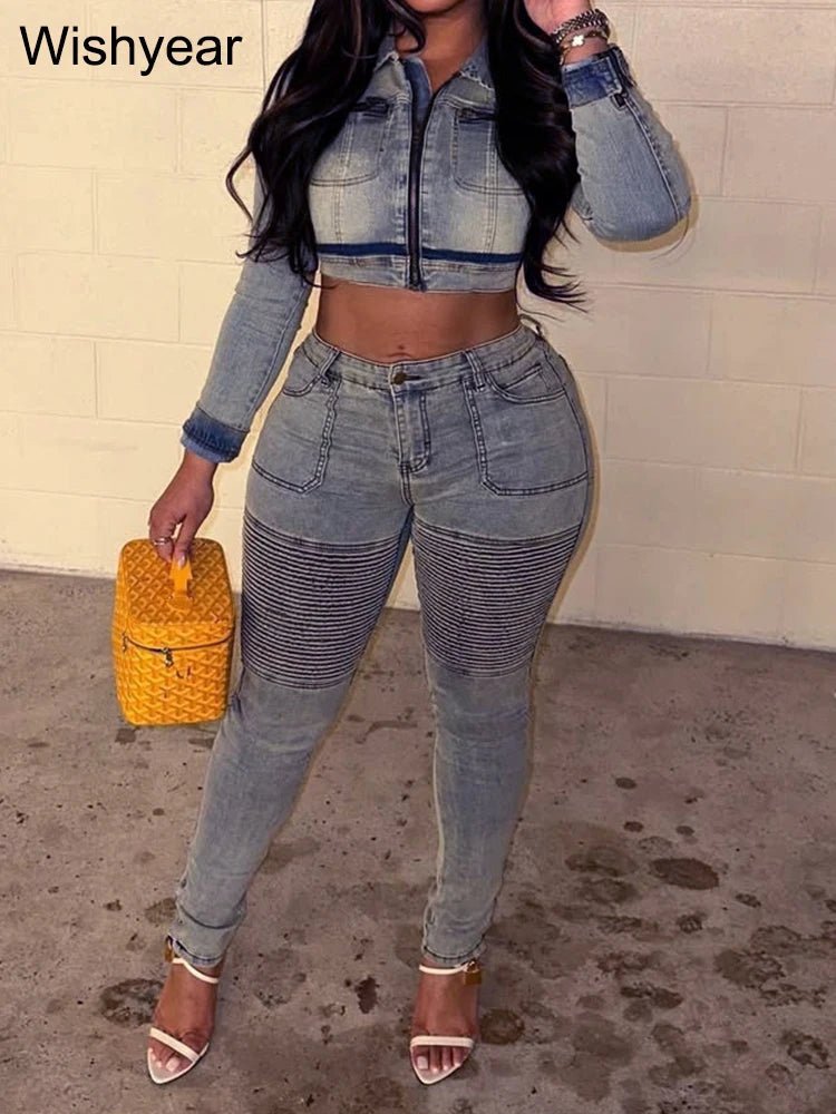 Denim Two - Piece Set + Patchwork Ruched Crop Top With Pockets + Casual Style - SN Wigs & More