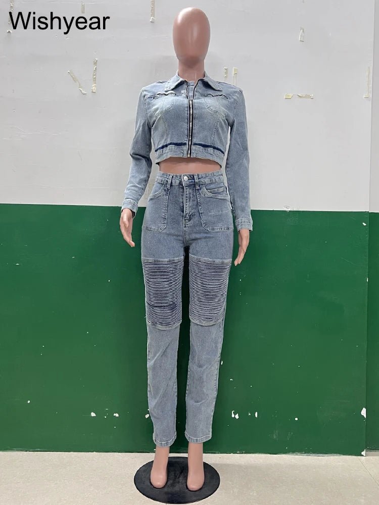 Denim Two - Piece Set + Patchwork Ruched Crop Top With Pockets + Casual Style - SN Wigs & More