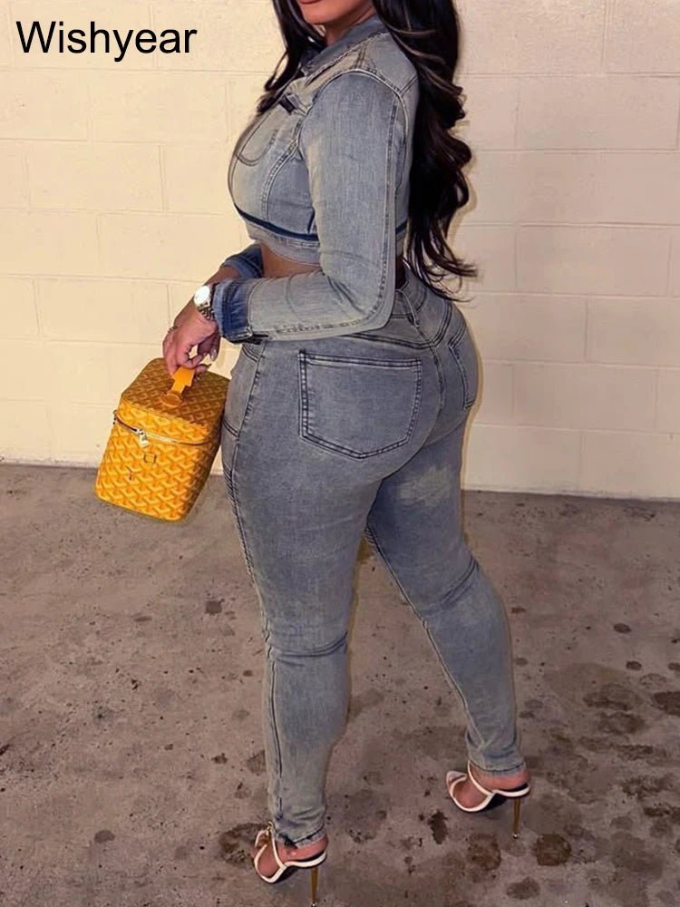Denim Two - Piece Set + Patchwork Ruched Crop Top With Pockets + Casual Style - SN Wigs & More