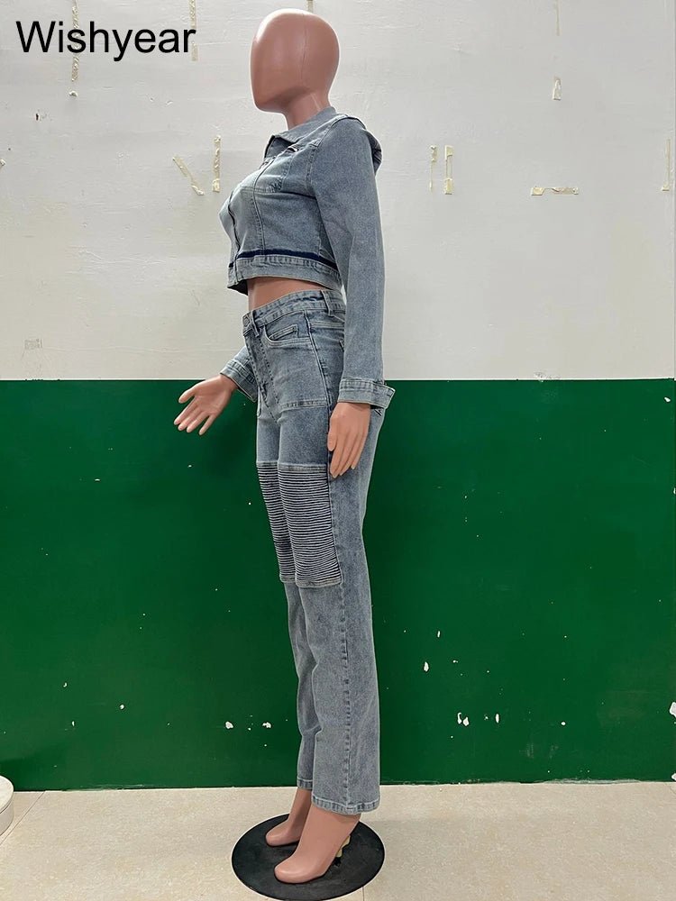 Denim Two - Piece Set + Patchwork Ruched Crop Top With Pockets + Casual Style - SN Wigs & More