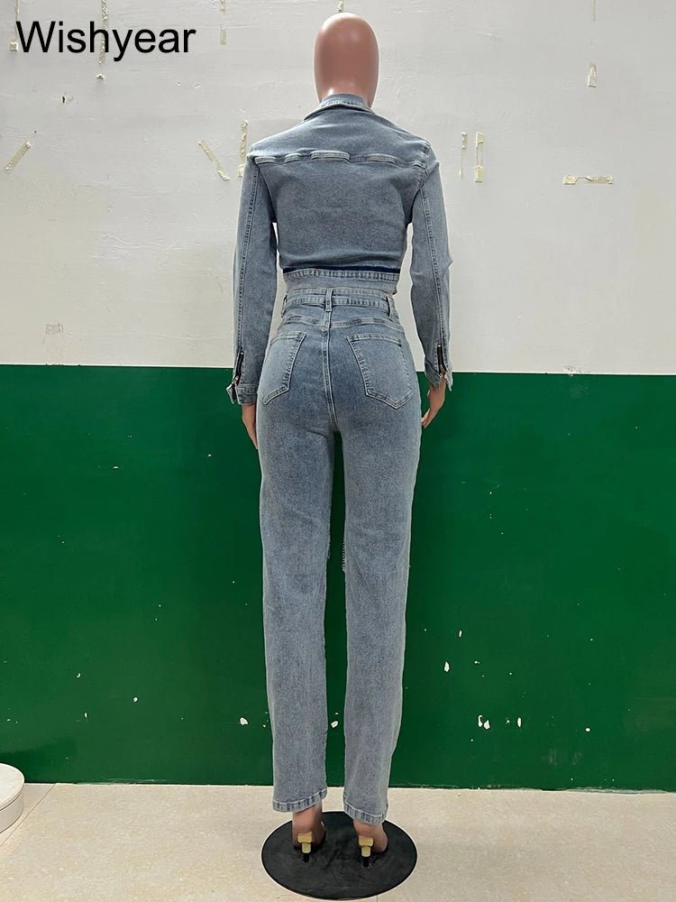 Denim Two - Piece Set + Patchwork Ruched Crop Top With Pockets + Casual Style - SN Wigs & More
