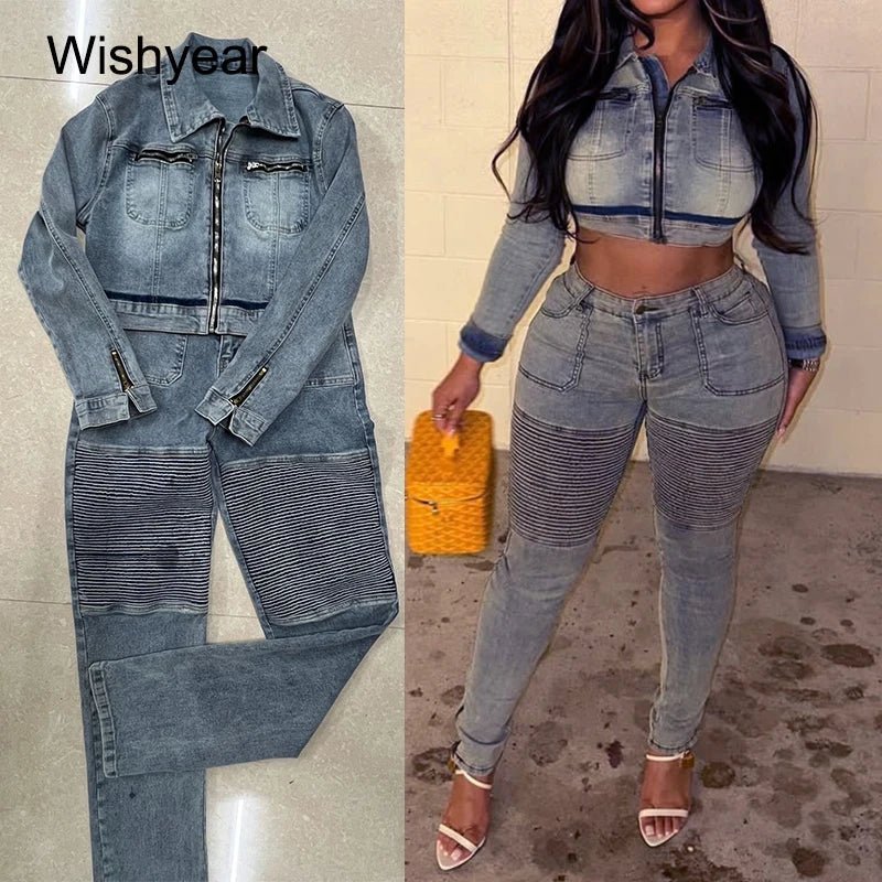 Denim Two - Piece Set + Patchwork Ruched Crop Top With Pockets + Casual Style - SN Wigs & More